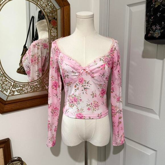 Dolls Kill Tops - Dolls Kill Sugar Thrillz Pink & White Romantic Floral Sweetheart Coquette Top S